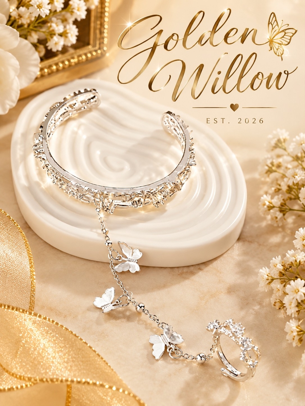 Silver Butterfly Bracelet and Ring Set